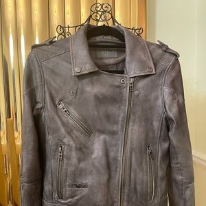 Gray Distressed leather jacket.